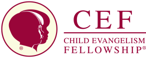 CEF Child Evangelism Fellowship logo with maroon child silhouette and text on white background