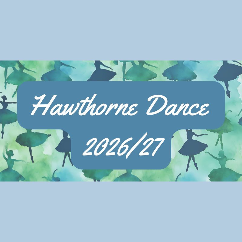 Hawthorne Dance 2026/27 in white script on a blue banner over teal dancer silhouettes