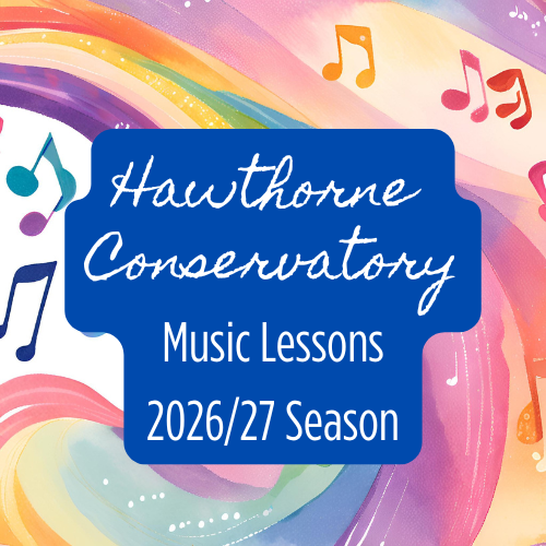 Hawthorne Conservatory Music Lessons 2026/27 Season on colorful rainbow music-note background