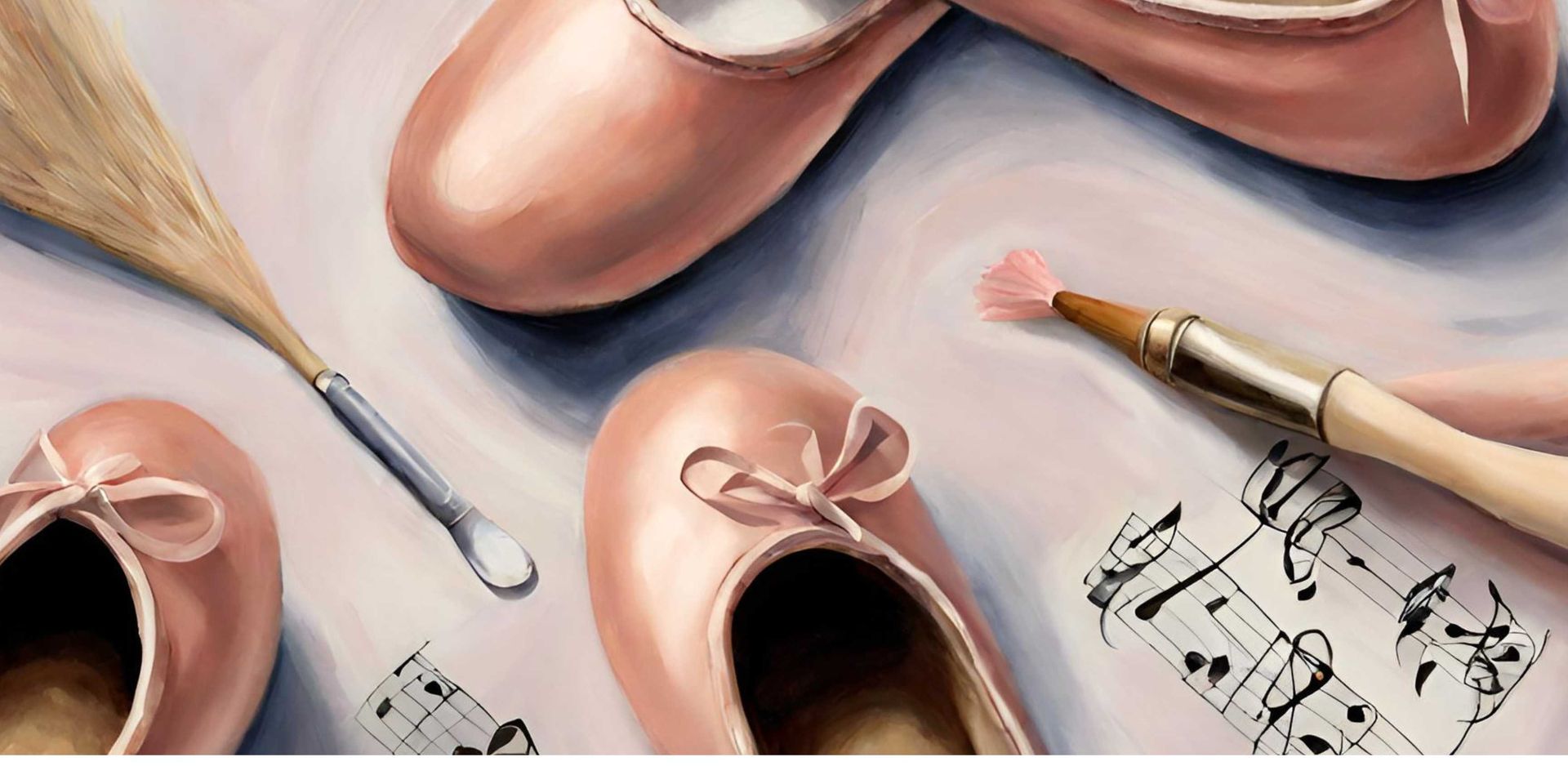 Ballet shoes, paintbrushes, and sheet music in a soft, pastel still life.
