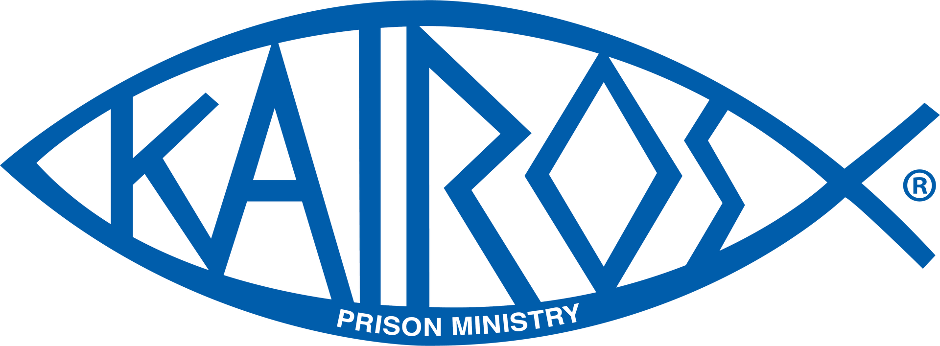 Kairos Prison Ministry blue logo with fish-like oval outline and cross in the center