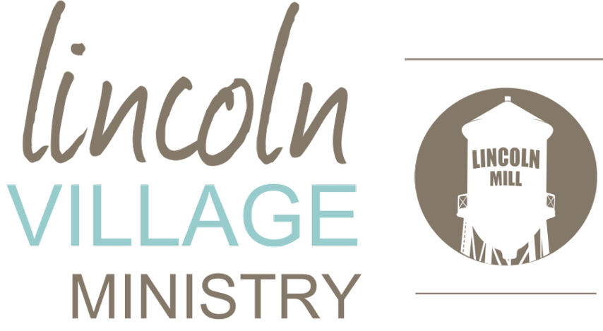 Lincoln Village Ministry logo in gray, teal, and tan with a circular Lincoln Mill icon