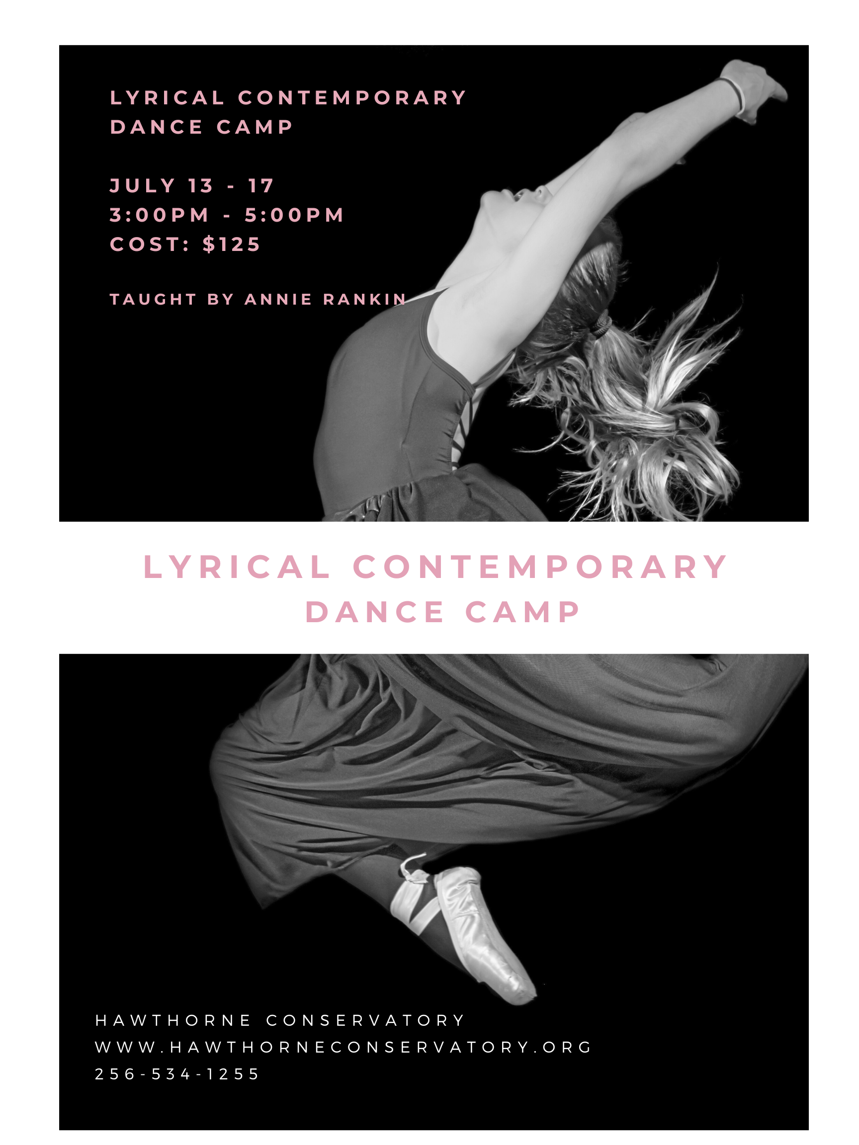 Contemporary dance camp poster with dancers in black-and-white poses on a black background.