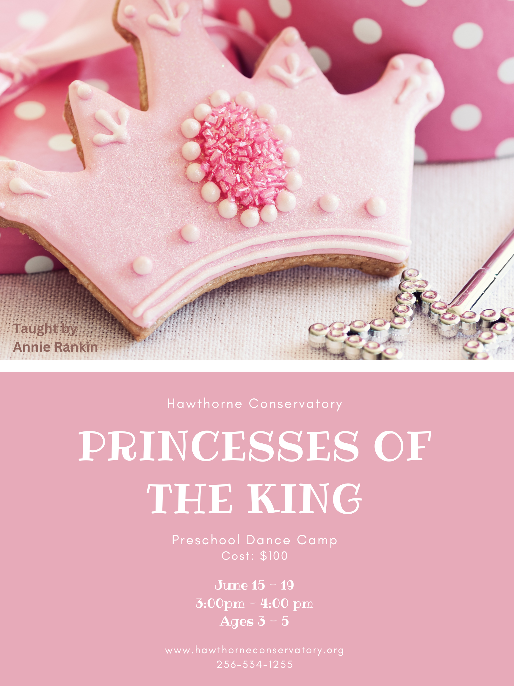 Pink princess crown with pearls and floral detail beside “Princesses of the King” text on a soft pink background