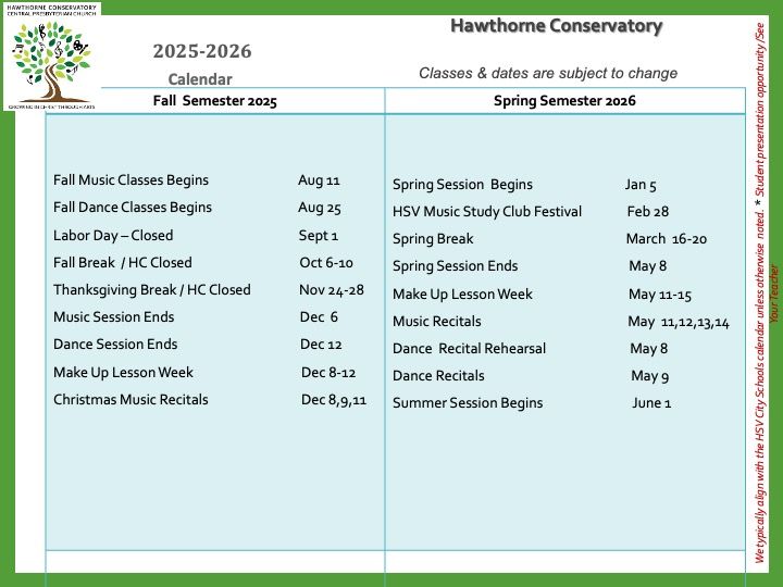 Hawthorne Conservatory 2025–2026 calendar with fall and spring semester event dates on a light blue flyer