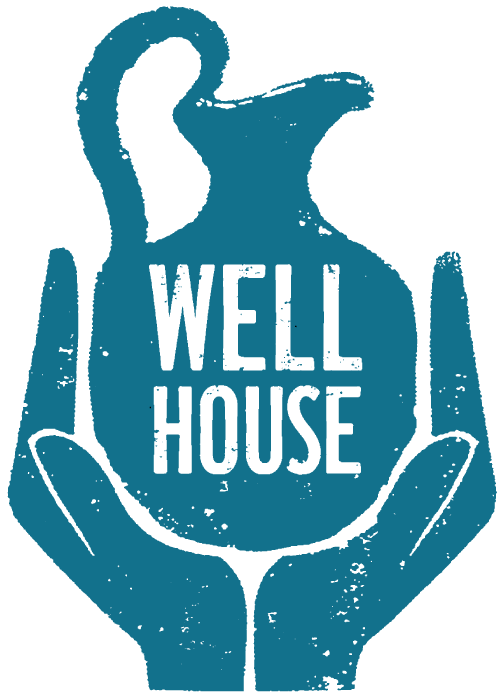 Teal hands forming a heart around the words “WELL HOUSE” on a white background