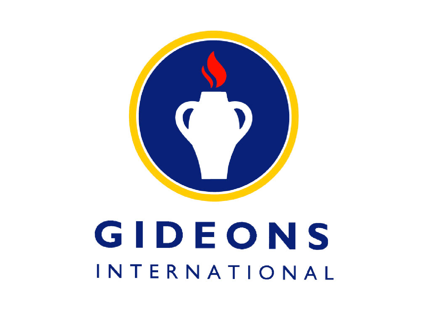 Gideons International logo with blue circle, white pitcher, and red flame