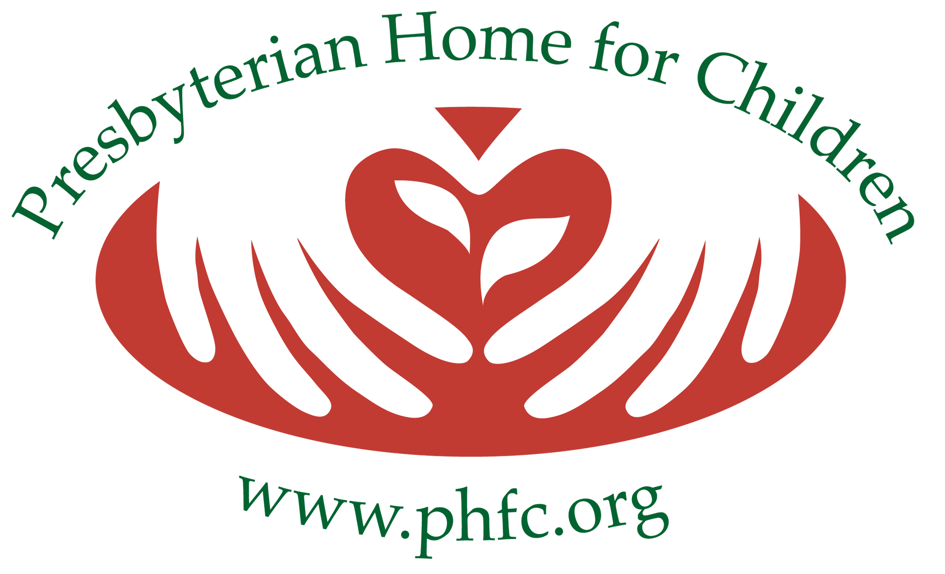 Presbyterian Home for Children logo with red abstract hands and heart, plus website www.phfc.org