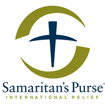 Samaritan’s Purse International Relief logo with a blue cross and olive-green circular swoosh