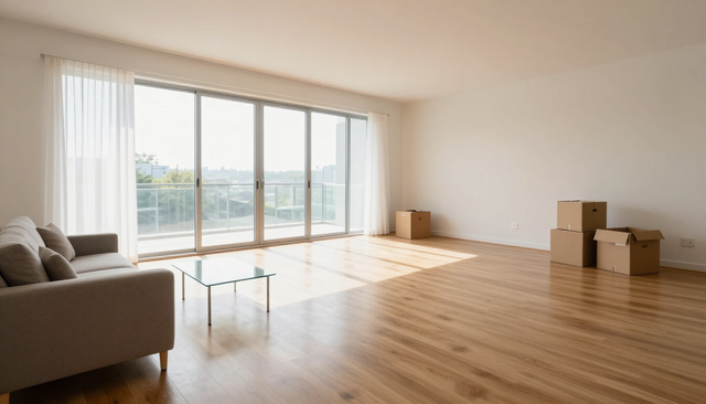 Empty modern living room with wood floors, sofa, glass coffee table, and sliding doors to a balcony.