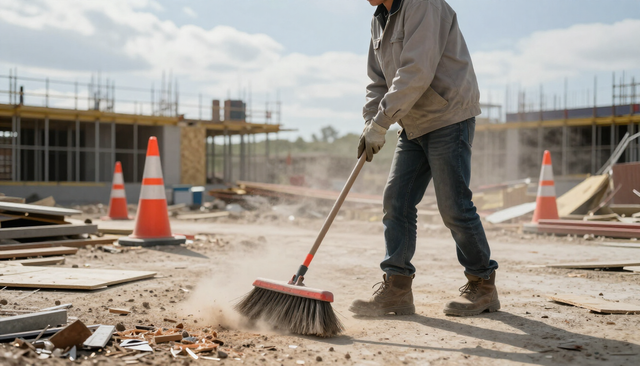 Worker sweeping debris at a construction site with orange traffic cones and scaffolding in the background
