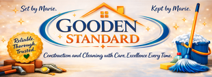 Gooden Standard cleaning service logo with a house, broom, sponge, and bucket on a blue-and-gold background