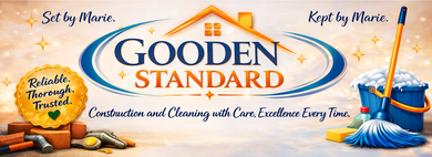 Gooden Standard logo with orange house roof, broom, dustpan, and cleaning slogan on a beige background
