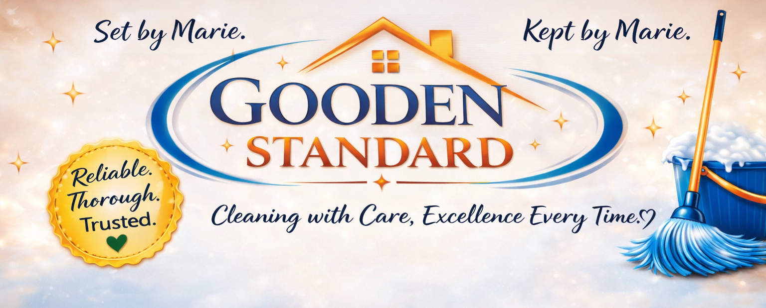Gooden Standard logo with house roof, gold badge, mop, and tagline “Cleaning with Care, Excellence Every Time!”