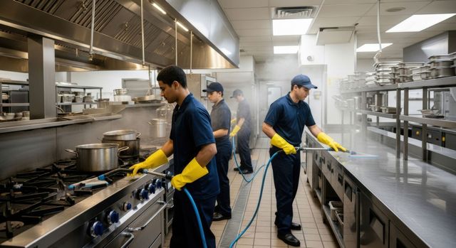 Kitchen staff in blue uniforms and yellow gloves preparing food in a stainless-steel commercial kitchen.
