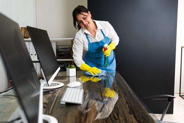Cleaner in blue overalls and yellow gloves wiping a glass desk in an office