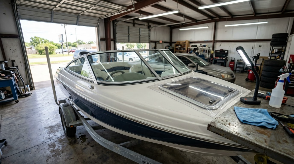 White and blue speedboat in a workshop, with a blue cloth on the deck and garage tools around it