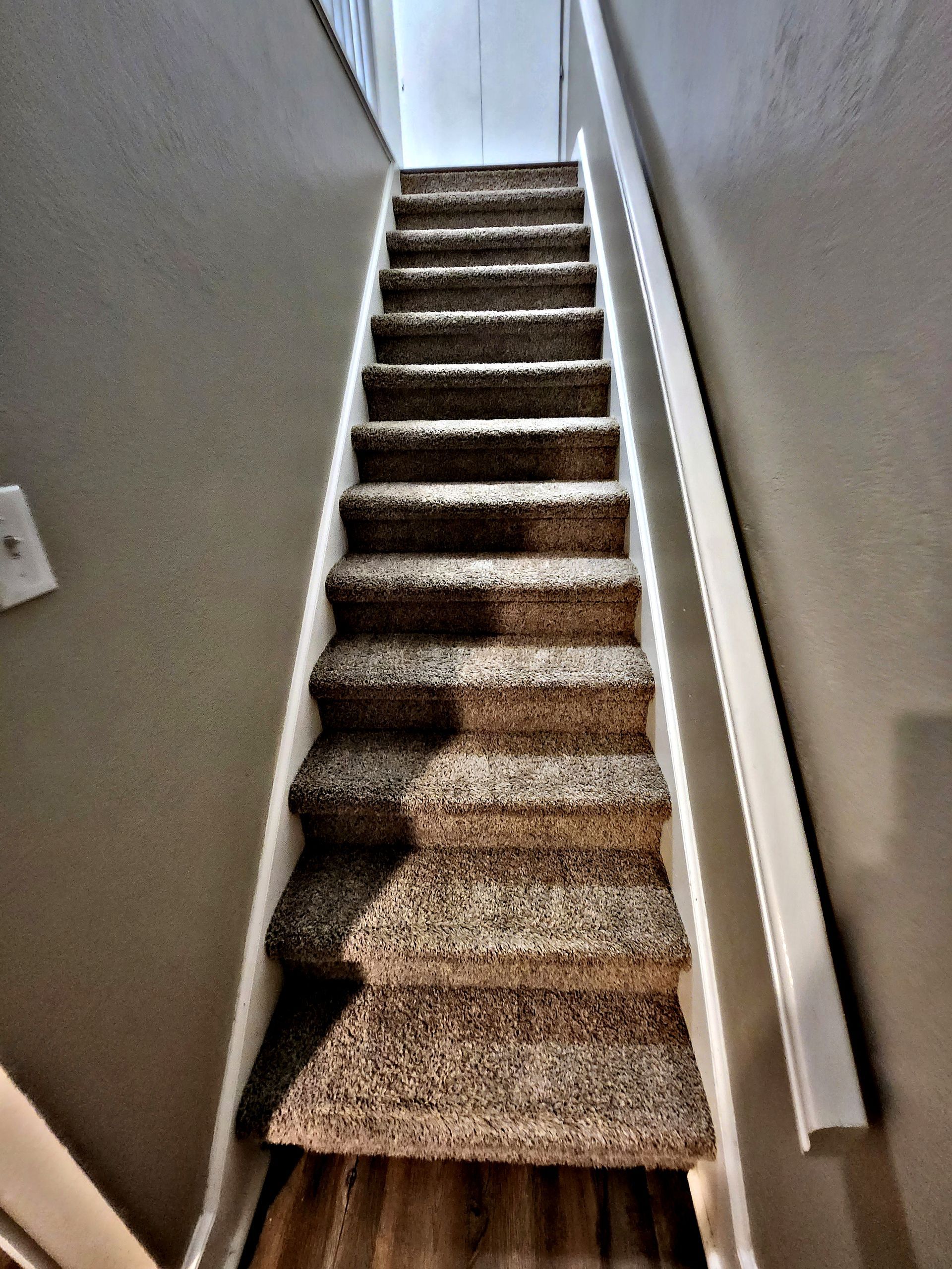 A staircase with a carpeted staircase and a white railing