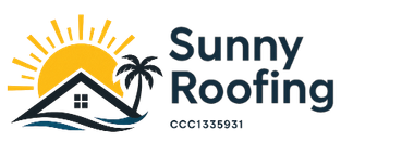 A logo for sunny roofing llc with a house and palm trees