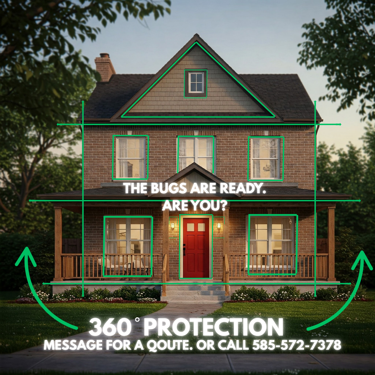A house illustration with green lines and text: 