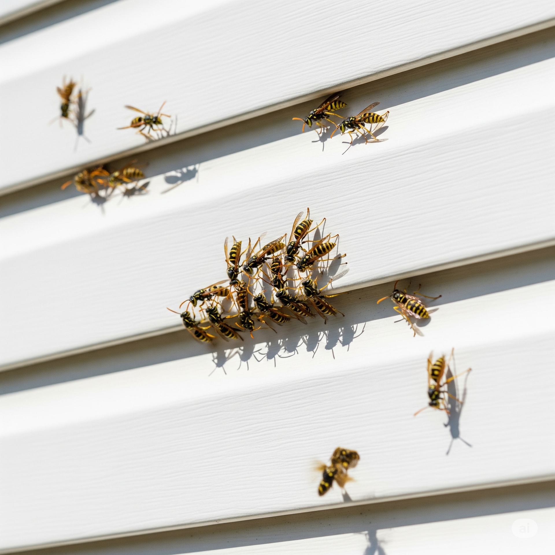 Wasps clustered on white siding. Several wasps are flying.