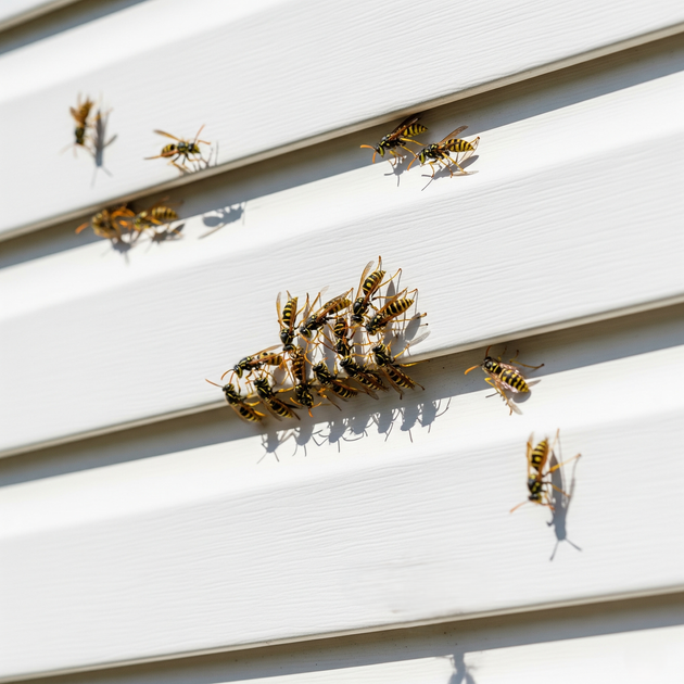 Yellow jackets clustered on white siding.