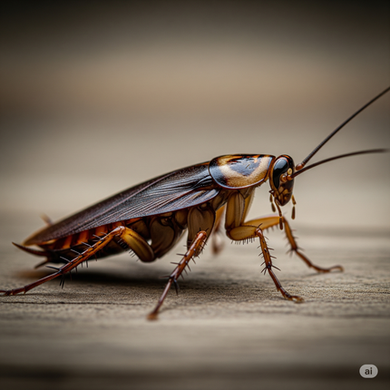 Cockroach on wooden surface. Brown insect with long antennae, spiky legs, and dark, glossy back.