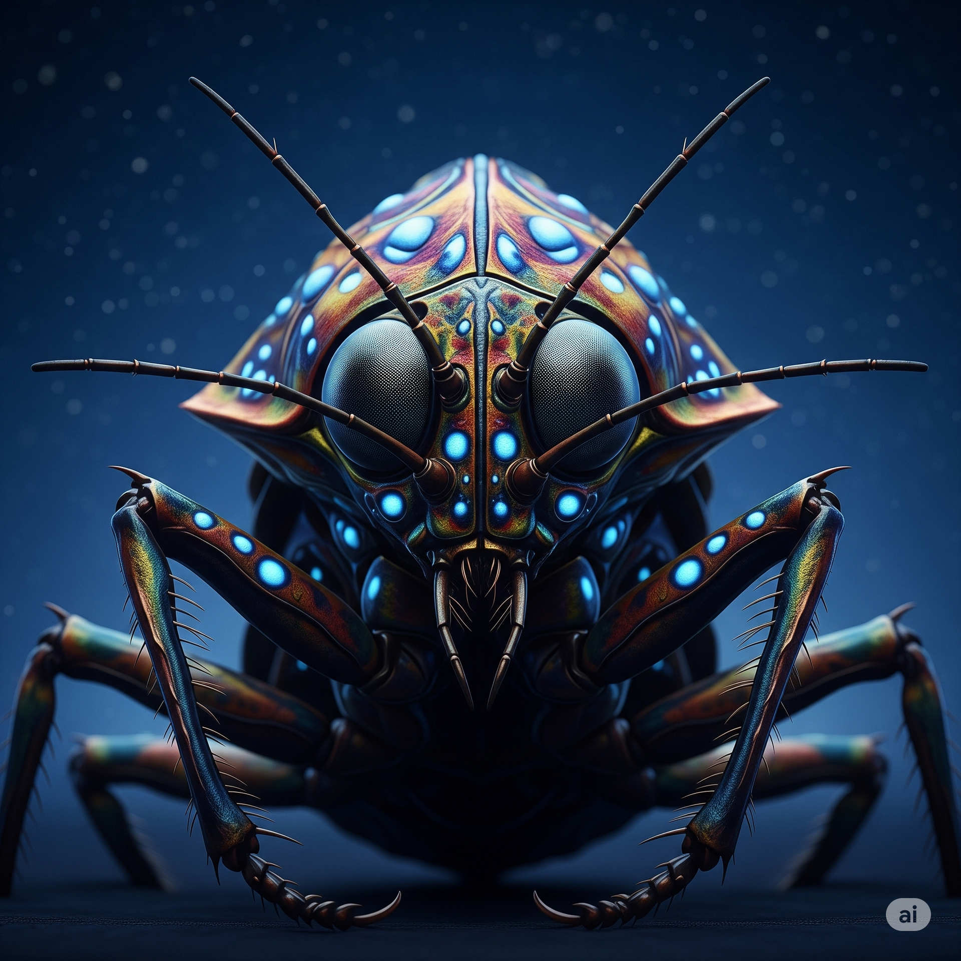 A close-up of a glowing insect with large eyes and intricate details. Features blue and gold patterns.