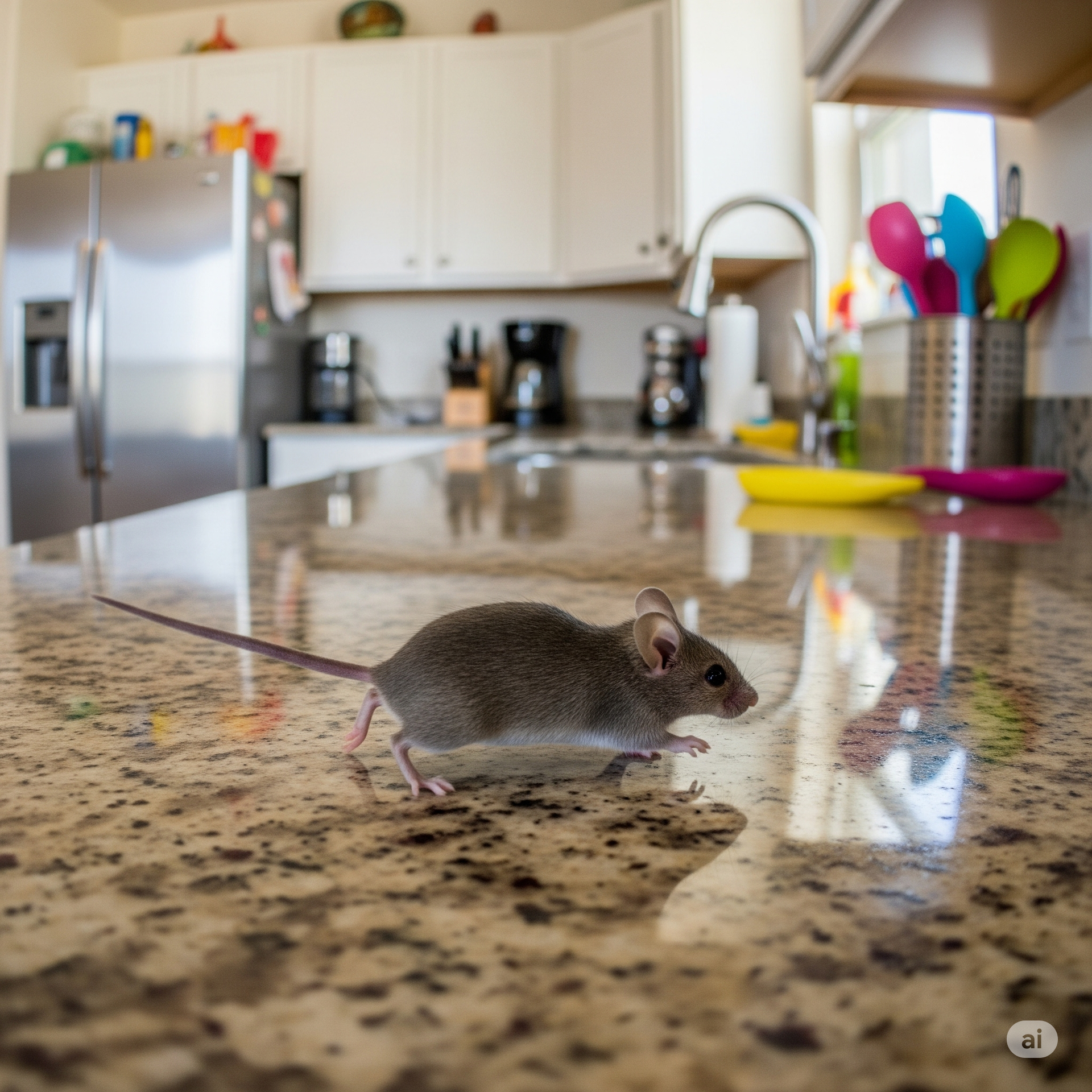 Mouse on a kitchen countertop; stainless steel appliances in the background.