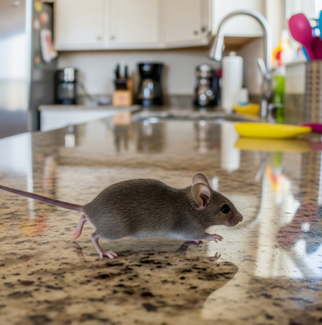 Mouse scurries across a shiny kitchen countertop, with a blurred kitchen background.