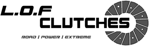 Logo pour LOF Clutches avec un graphisme de disque d'embrayage. Le texte comprend « ROUTE | PUISSANCE | EXTRÊME ».