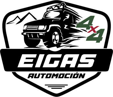 Logo pour EIGAS Automoción : SUV noir avec inscription 4x4, montagnes et nom de l’entreprise.