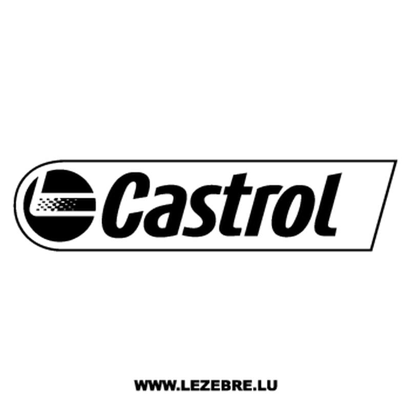 Logo Castrol : texte noir sur fond blanc, avec un « C » stylisé et une forme rectangulaire angulaire.