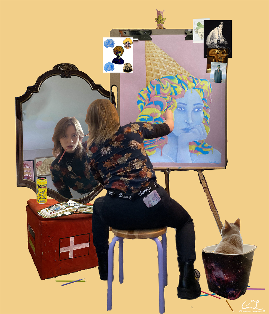Artist painting a colorful portrait on an easel beside a mirror and art supplies