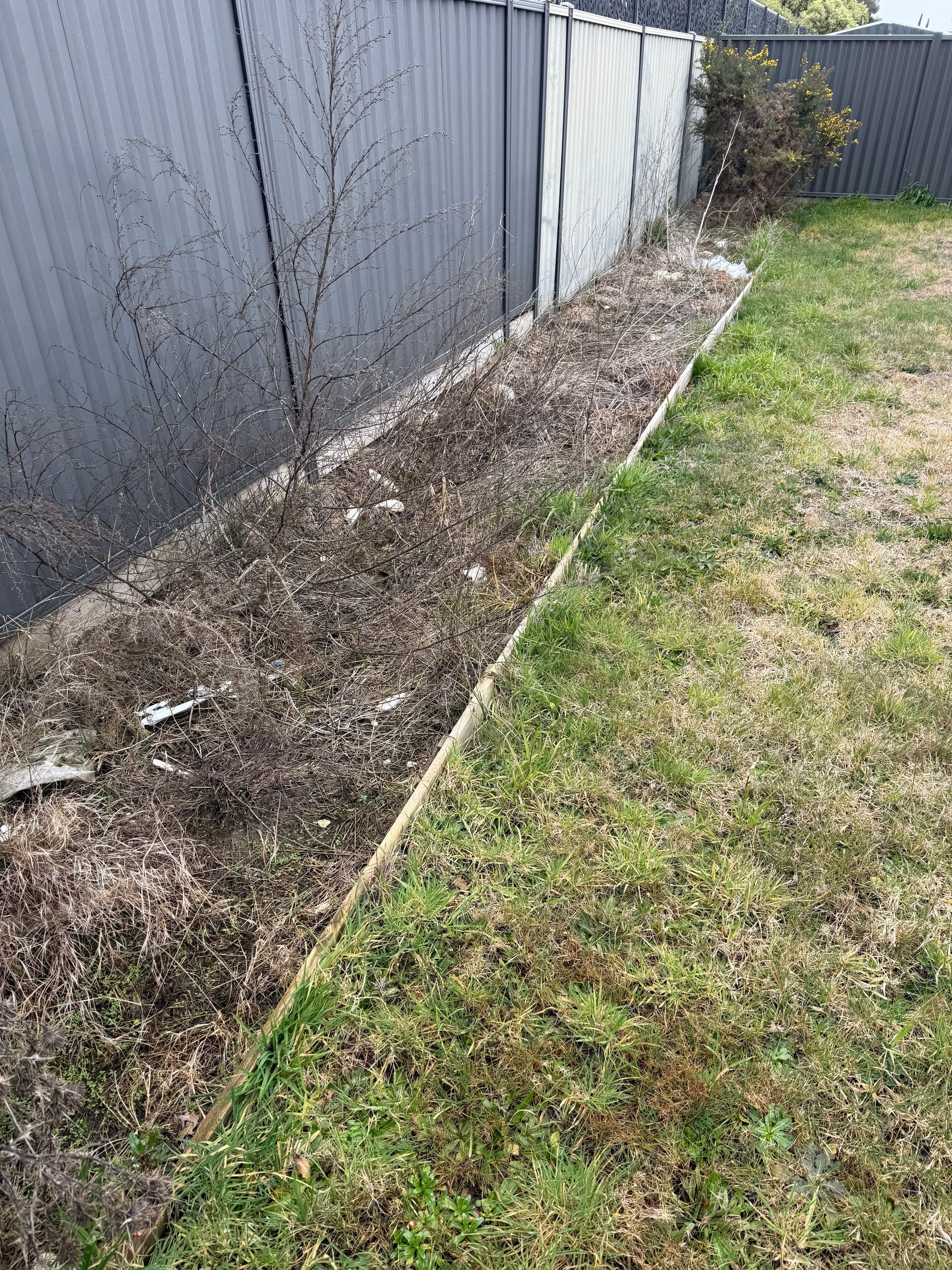 A brick house with a white siding and a few plants in front of it.