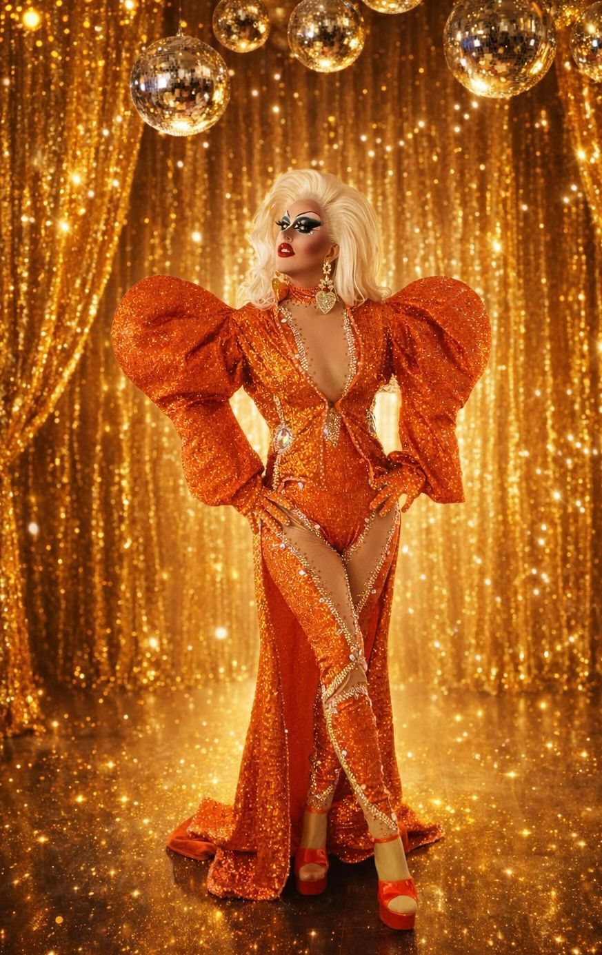Een persoon in een feloranje jurk met pailletten poseert voor een achtergrond van gouden slingers met discoballen.