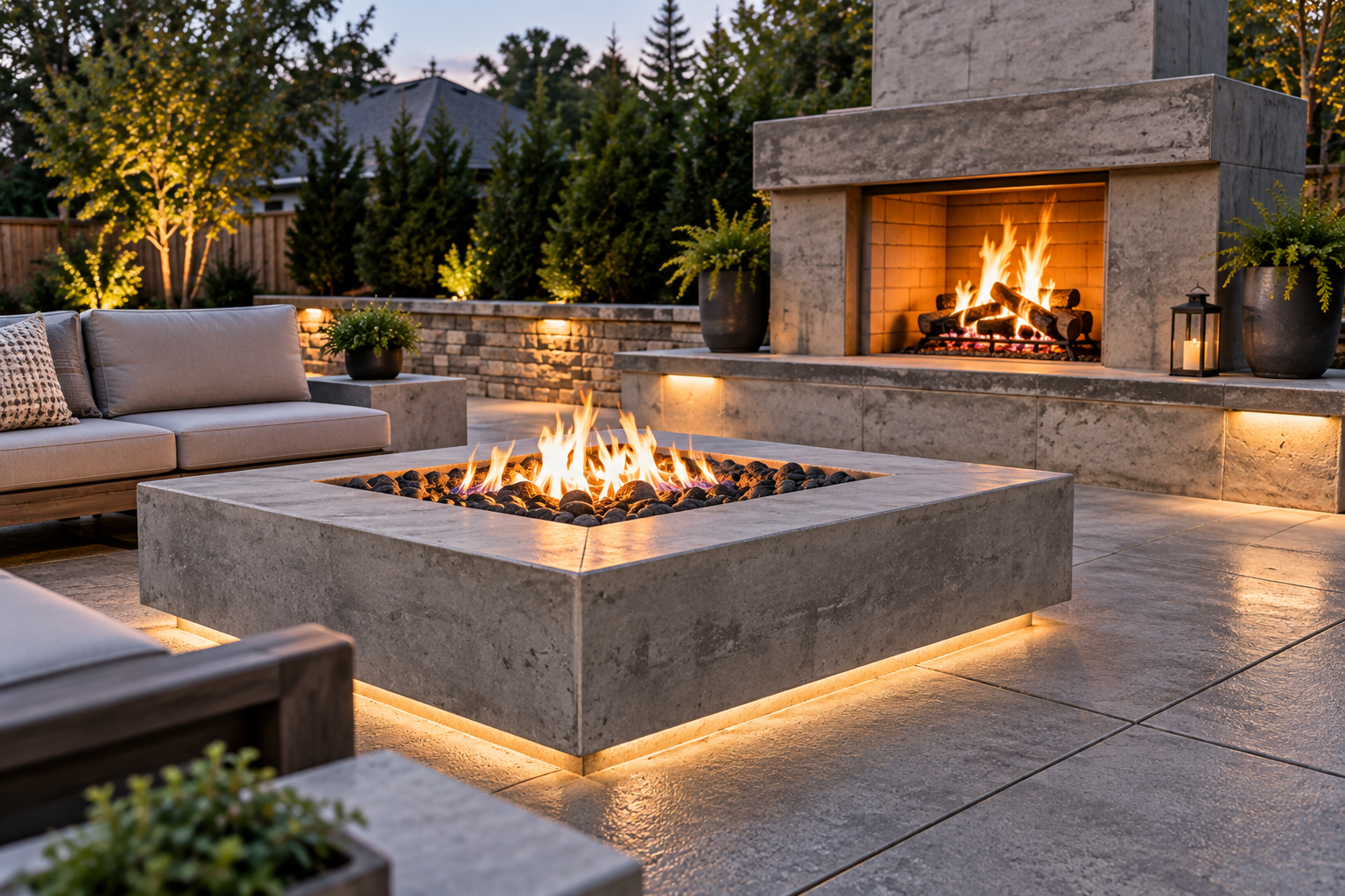 Modern stone patio with lit fire pit and fireplace at dusk