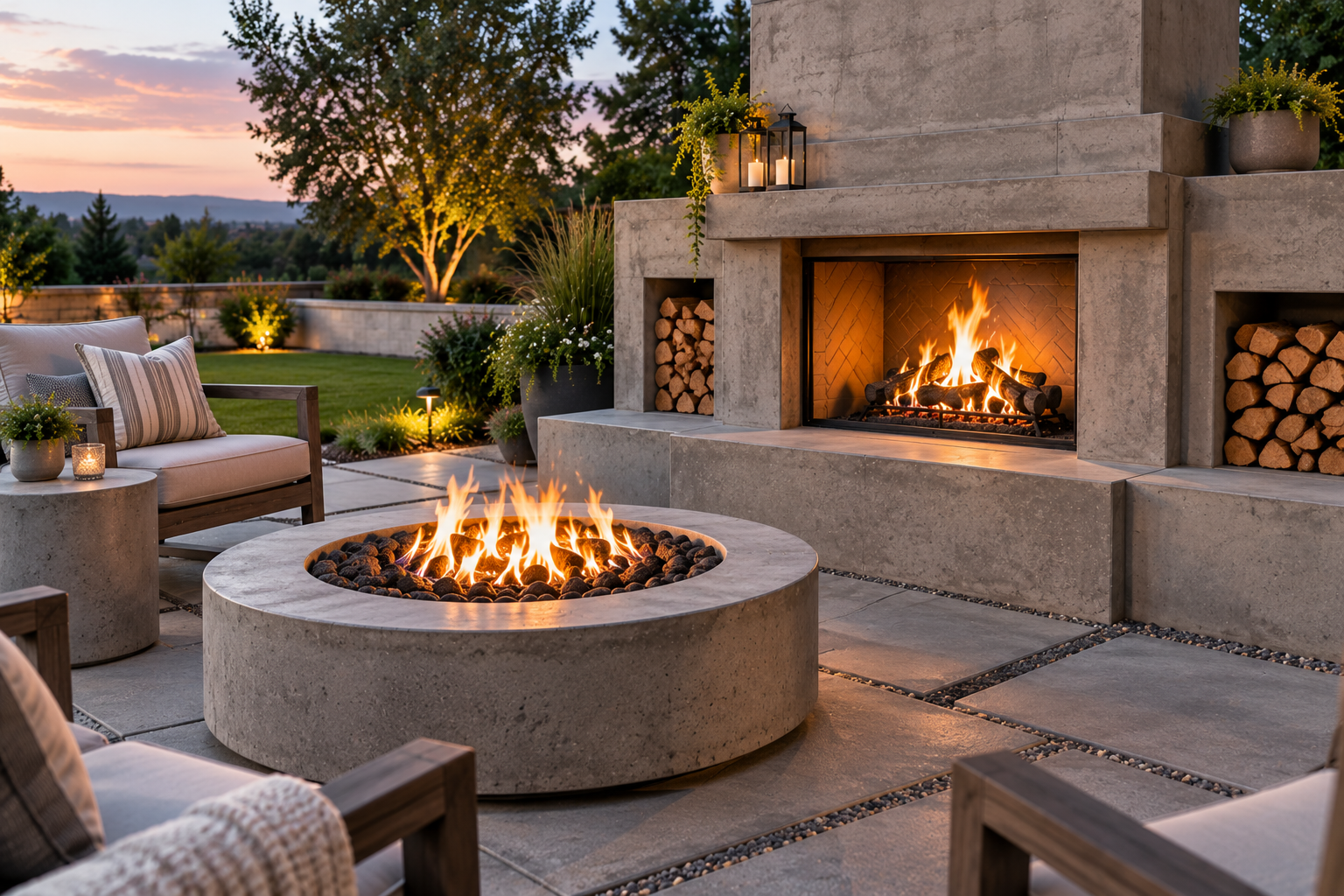 Modern outdoor patio with two fire pits, stone fireplace, and cushioned seating at sunset