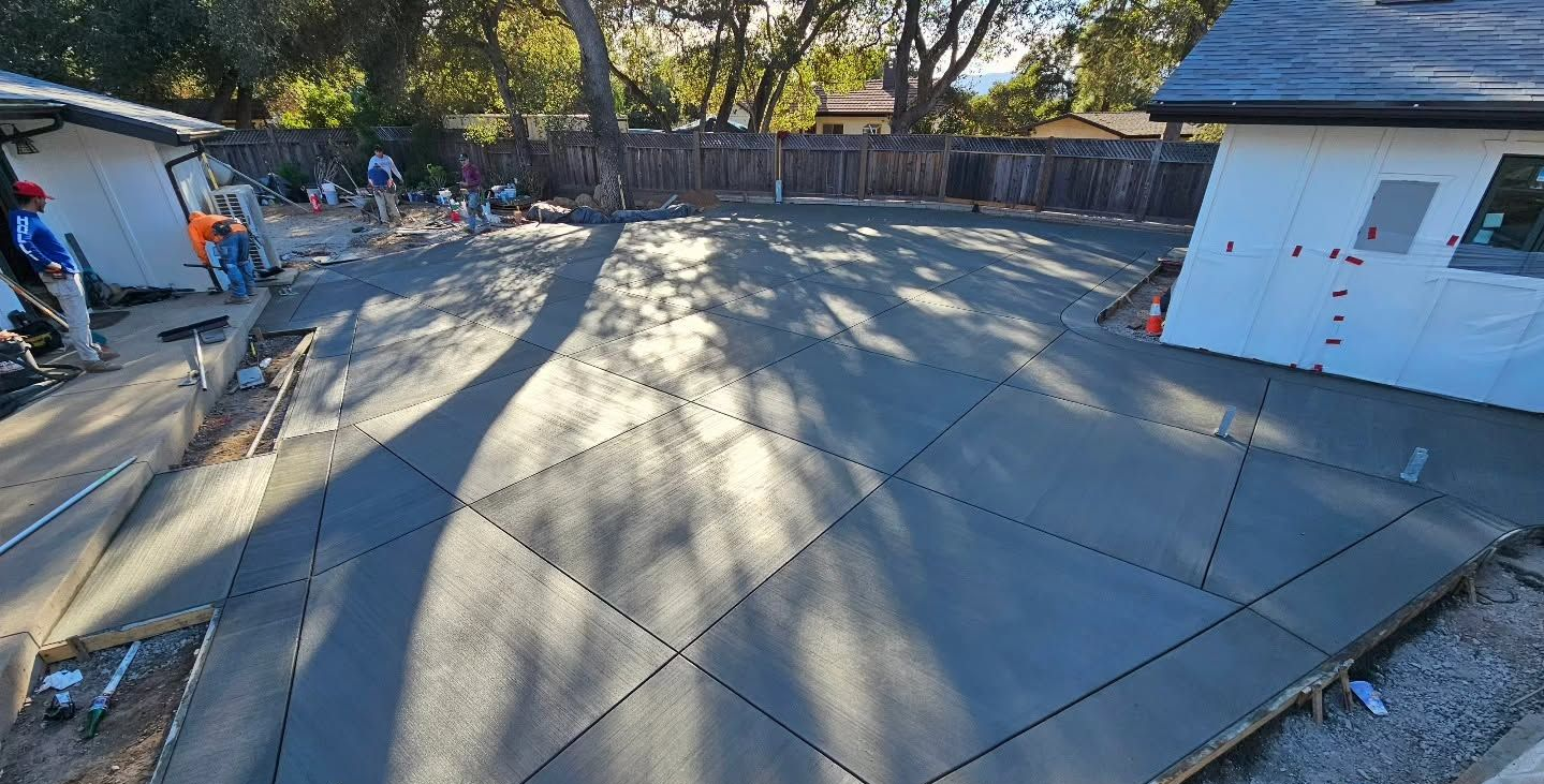 Rooftop with large tan tarps or membrane sections, trees and sheds around the edges in daylight