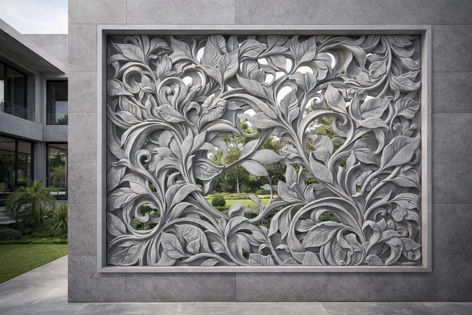 Decorative stone wall relief with intricate floral vine carving and a small green opening in the center