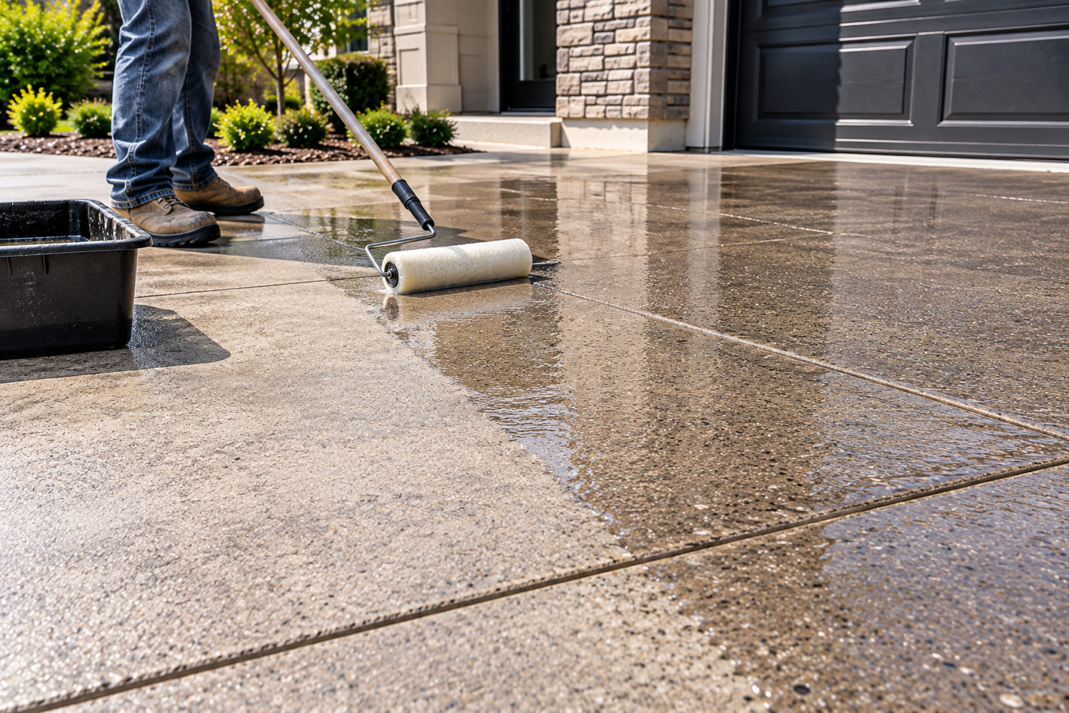 Person pressure-washing a wet concrete driveway near a house garage