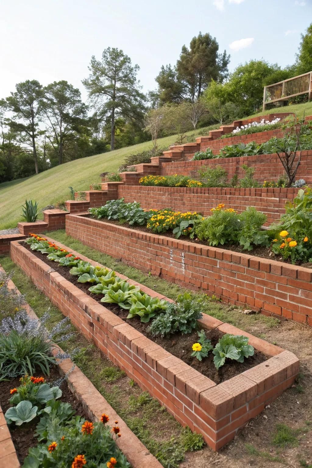 Tiered brick garden beds with colorful flowers on a sloped hillside, framed by trees and a blue sky
