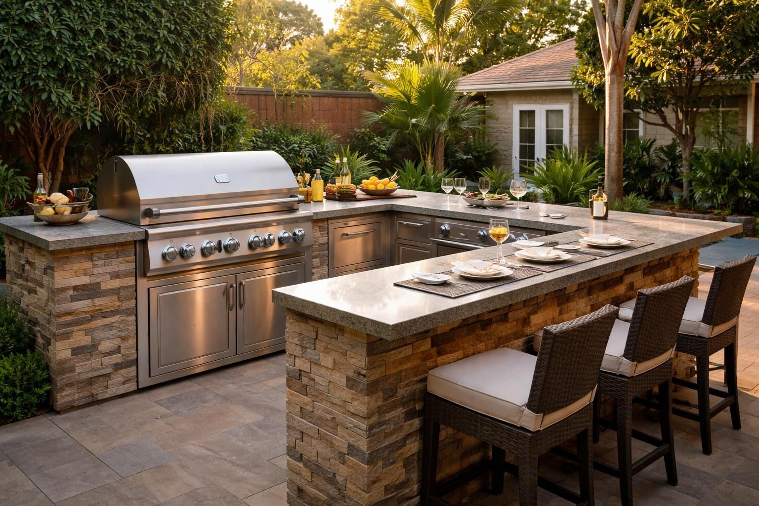 Outdoor stone patio kitchen with stainless grill, bar seating, and a dining table in a landscaped backyard