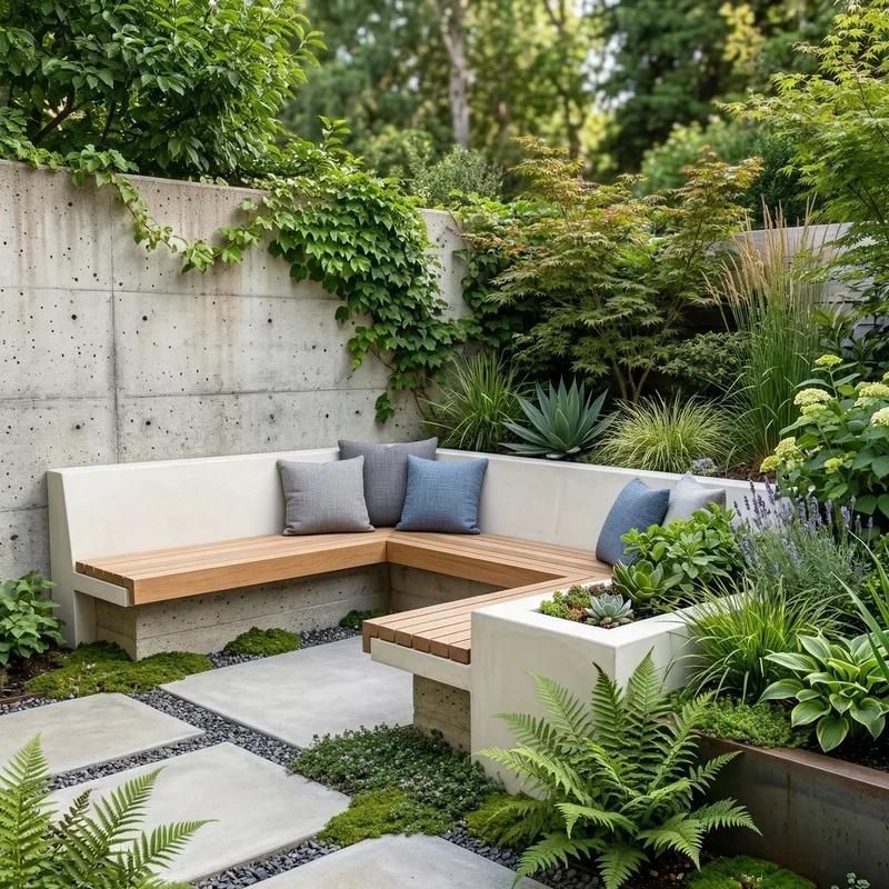 Modern garden patio with built-in white benches, gray and blue cushions, and lush greenery