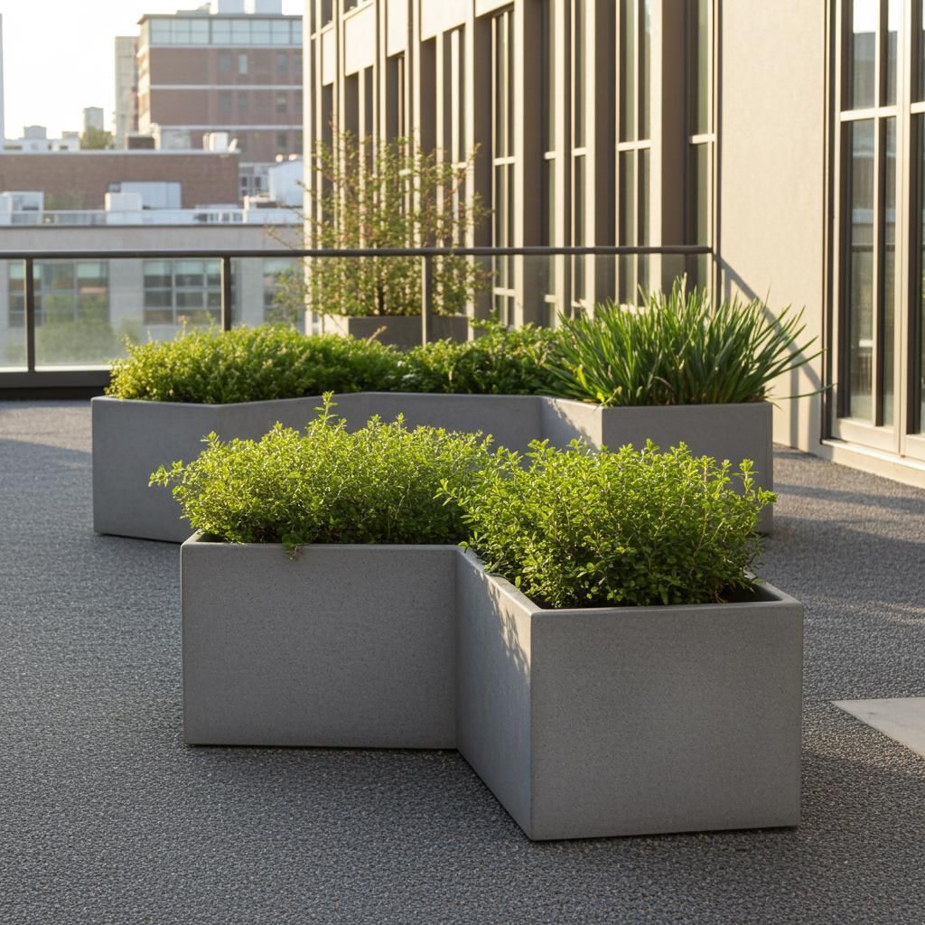 Rooftop patio with gray planters filled with green shrubs beside a modern building