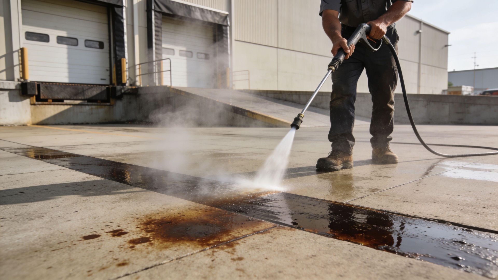 Worker pressure-washing a dirty concrete loading dock beside an industrial building