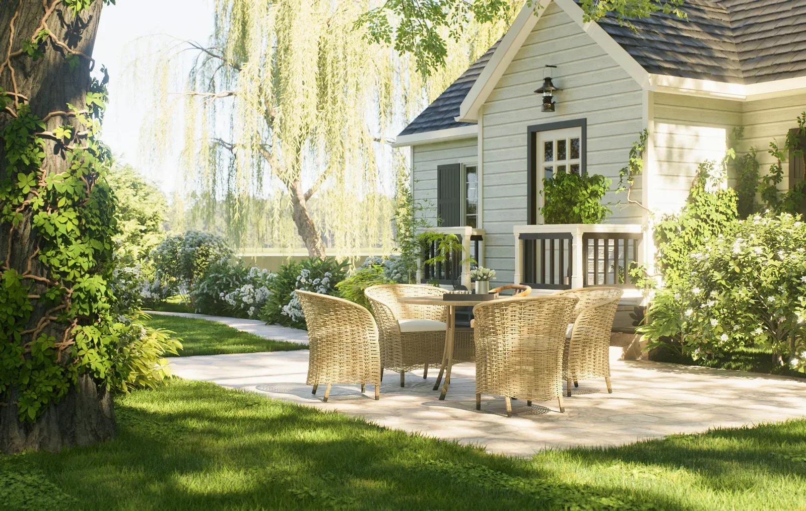 Sunny backyard patio beside a white house with wicker chairs, table, and lush green lawn.