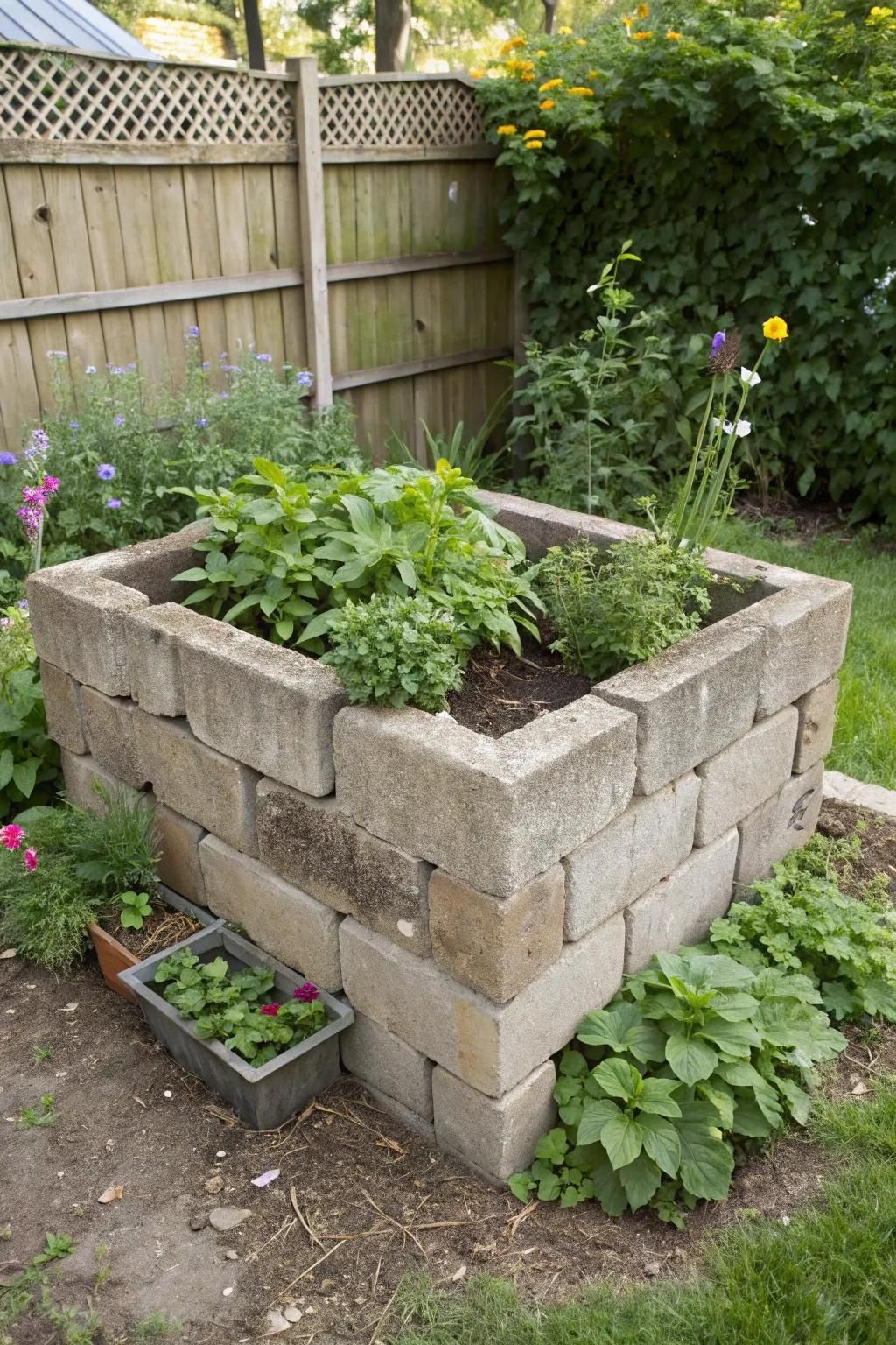 Raised cinder block garden planter with green plants in a backyard beside a wooden fence