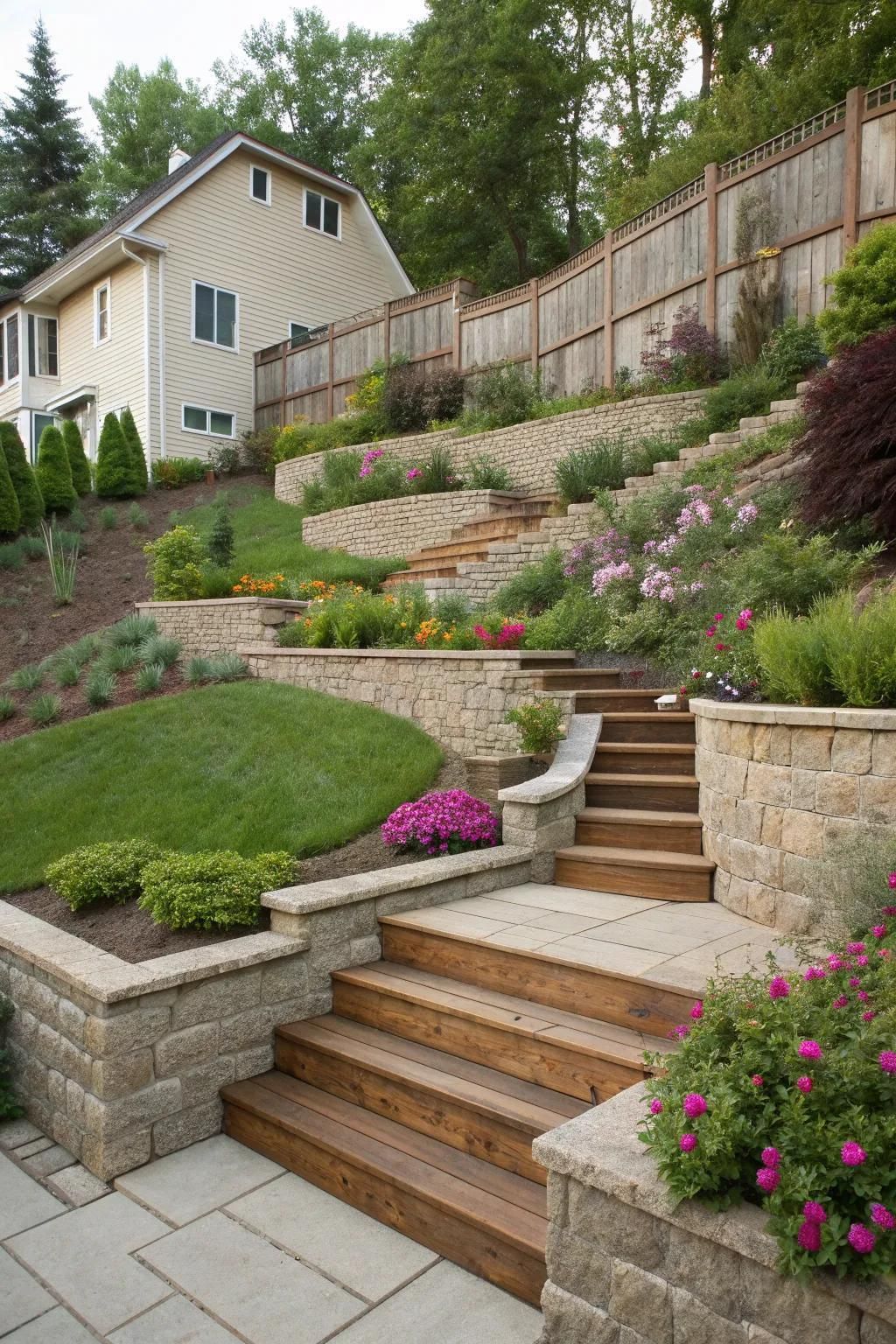 Terraced backyard garden with stone retaining walls, wooden stairs, and a house on a hillside