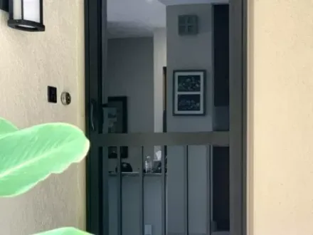 Apartment balcony doorway with railing, hallway view, and a large green leaf in the foreground